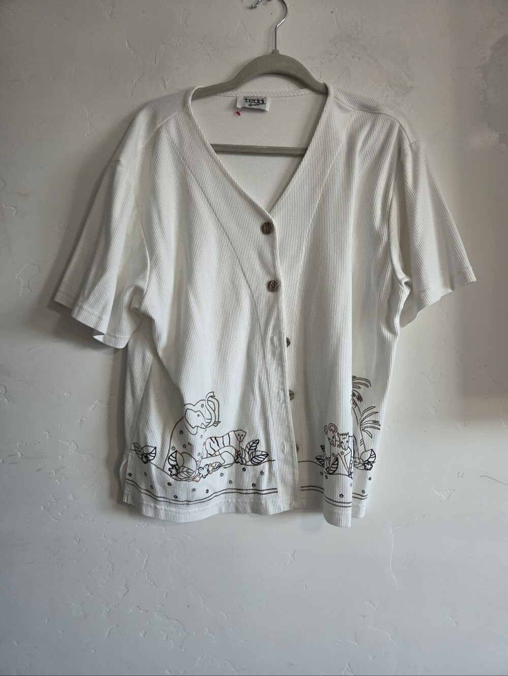 Teddi White Short-Sleeve Button Front Top with Jungle Line Art
